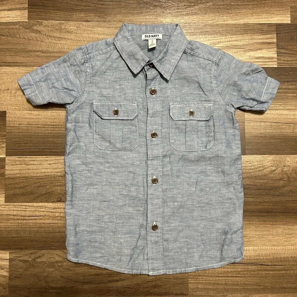 Old Navy Button Up Shirt Kids XS 5 Blue Linen Cotton Short Sleeve Chambray